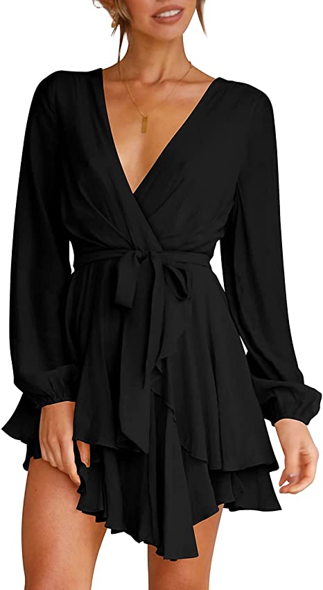 Cosonsen Robe Femme Col V Profond Manches Longues Taille Cravate Volants Mini Swing Robe Patineuse
