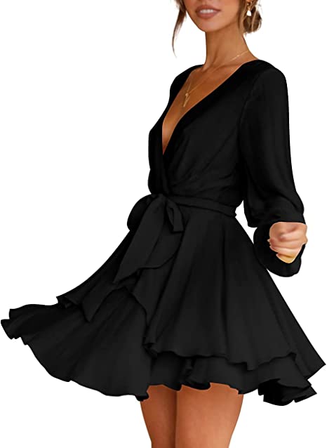 Cosonsen Robe Femme Col V Profond Manches Longues Taille Cravate Volants Mini Swing Robe Patineuse